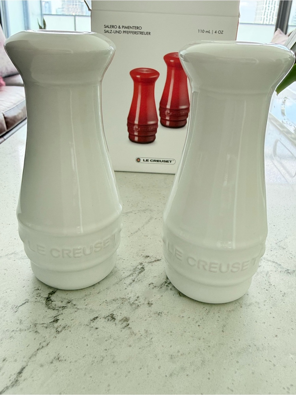 New Le Creuset White Ceramic Salt and Pepper Shakers